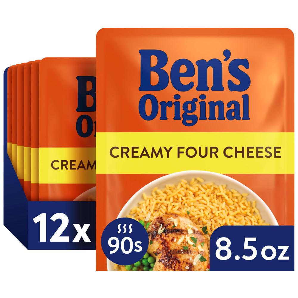 UNCLE BEN'S front packaging showing creamy four cheese rice and quick cook benefit