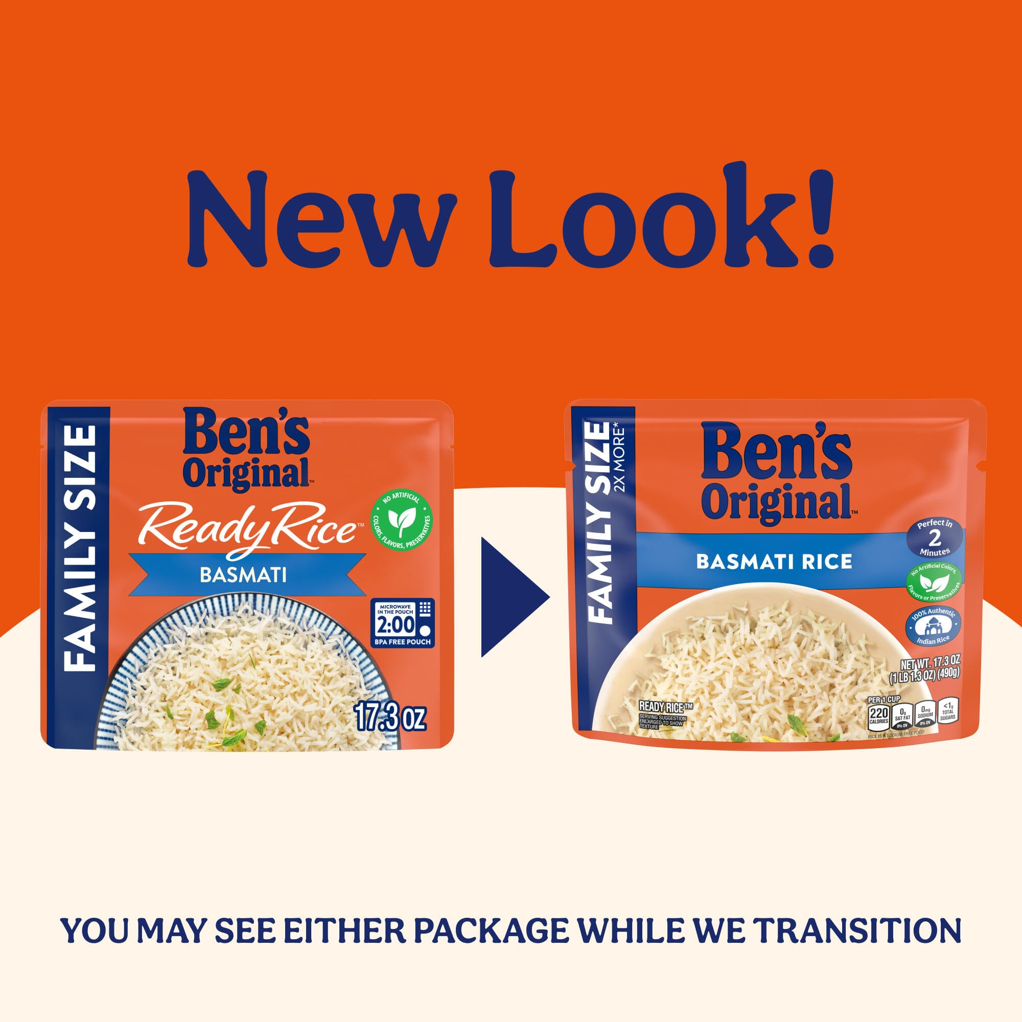 UNCLE BEN'S pouch close-up displaying texture of cooked basmati rice and ready-to-serve ease