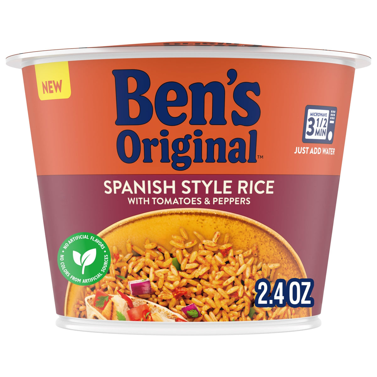 UNCLE BEN'S front packaging showing single-serve Spanish Style rice cup, convenient portability