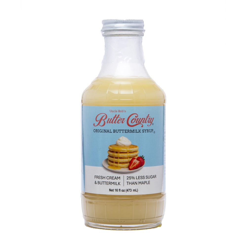 Uncle Bob's Butter Country front bottle showing label and glass packaging benefit readability