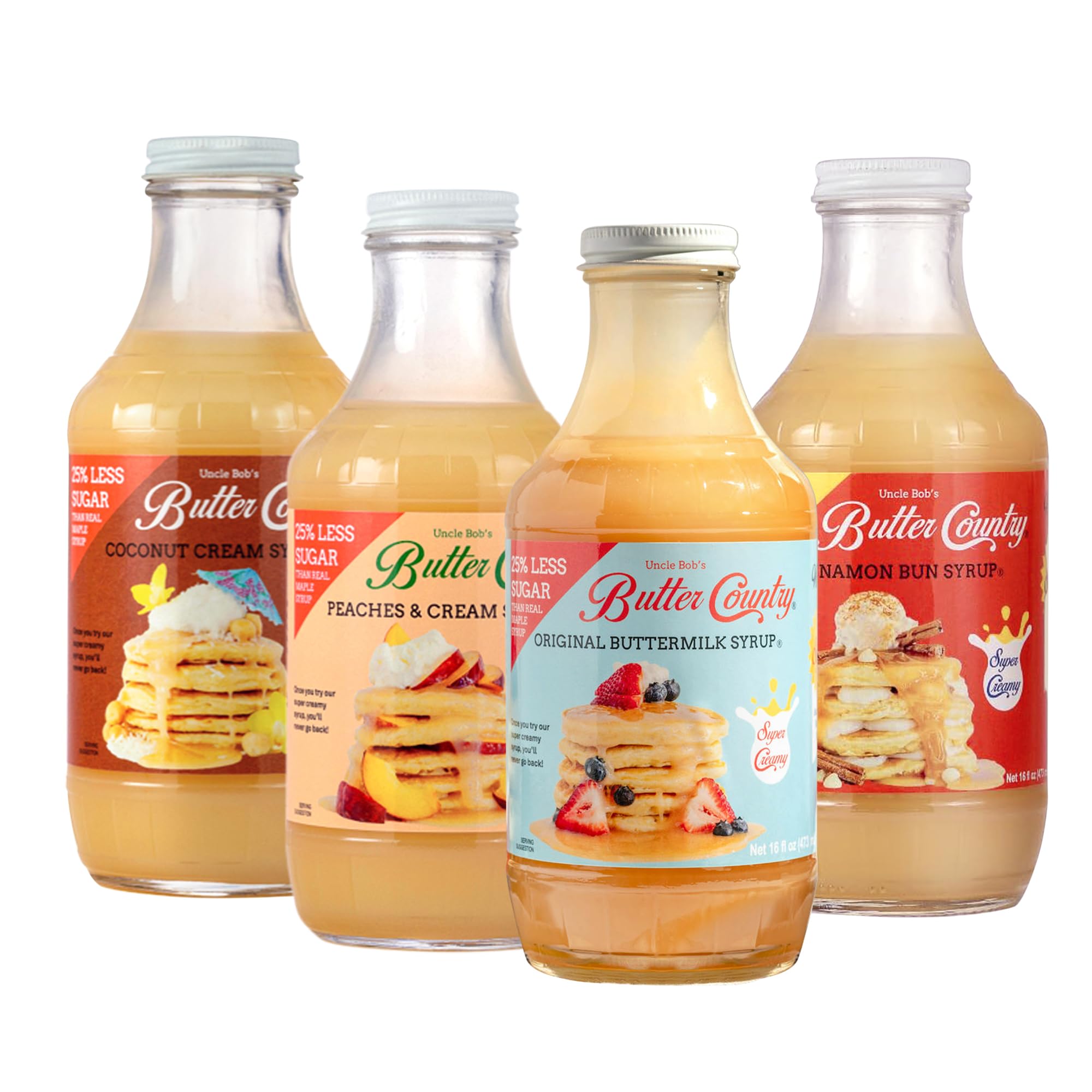 Uncle Bob's Butter Country front view of four-bottle variety pack showing flavors and packaging benefit