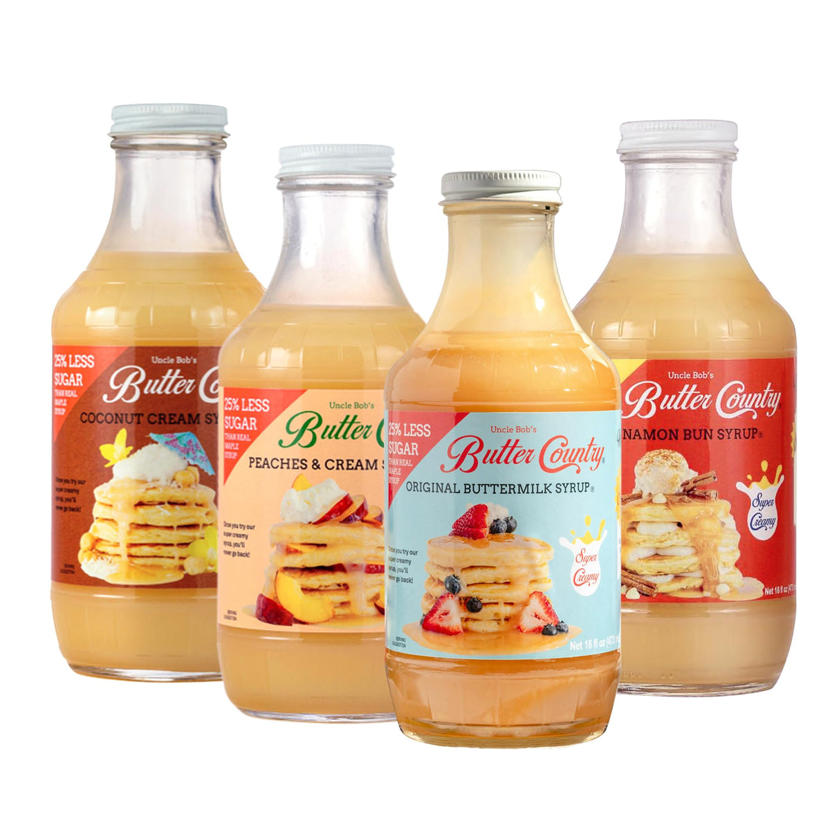 Uncle Bob's Butter Country front view of four-bottle variety pack showing flavors and packaging benefit