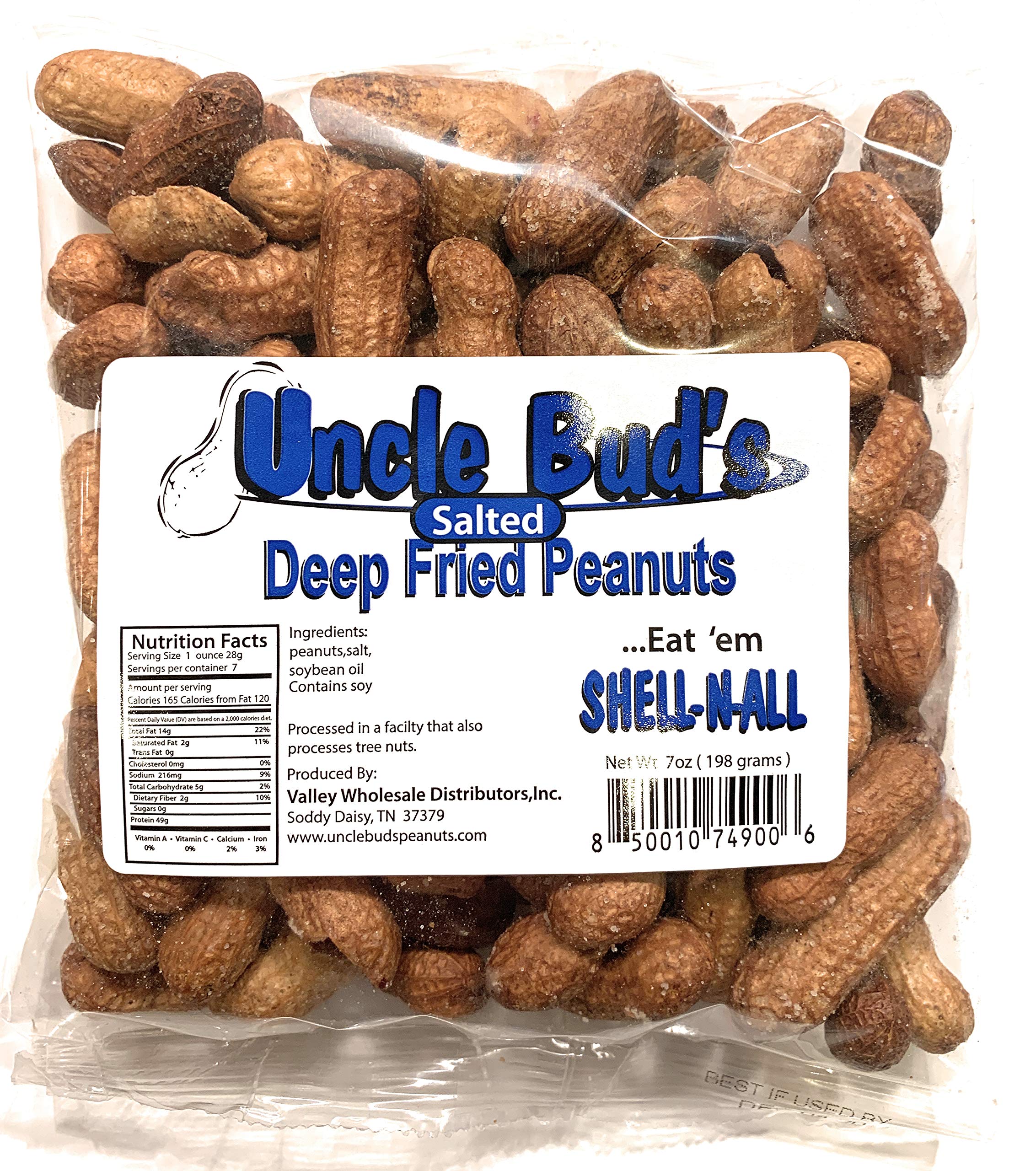 Uncle Bud's open pouch revealing crispy shell‑and‑all peanuts for snacking
