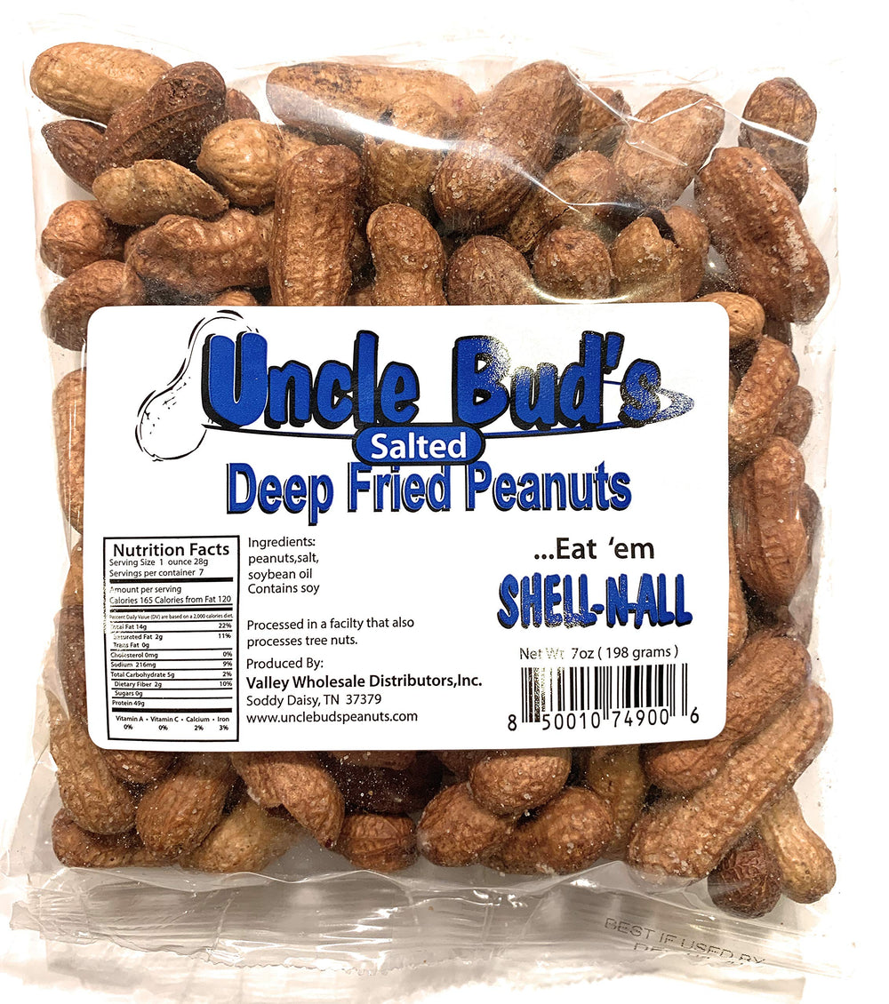 Uncle Bud's open pouch revealing crispy shell‑and‑all peanuts for snacking
