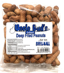 Uncle Bud's open pouch revealing crispy shell‑and‑all peanuts for snacking