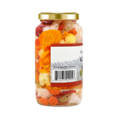 Uncle Giuseppe's spoon scooping giardiniera to show easy serving and convenience