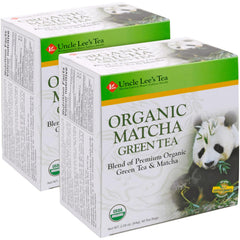 Uncle Lee's front packaging showing organic matcha green tea, convenient two-box value