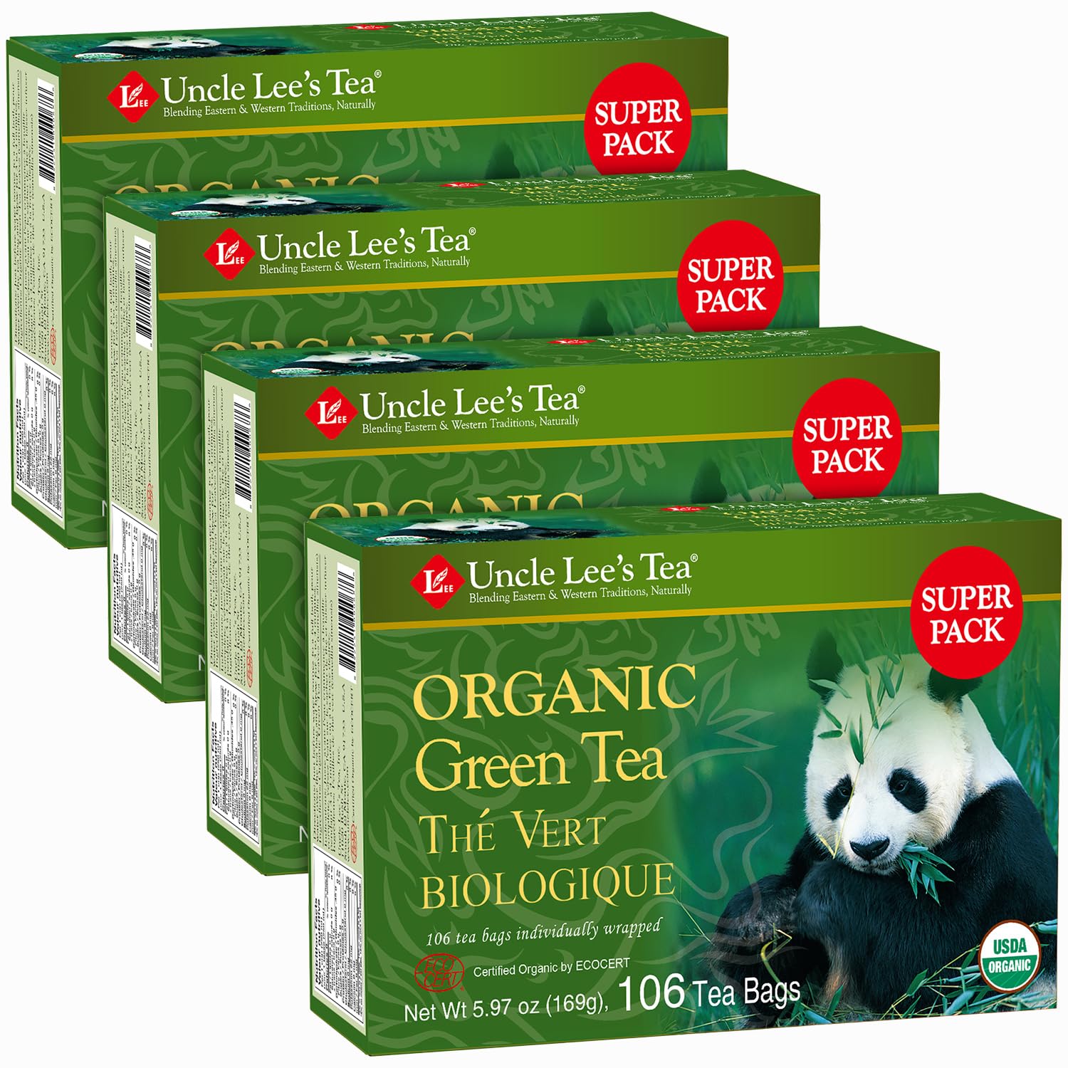 Uncle Lee's Tea front packaging showing 4-pack and 106-count convenience