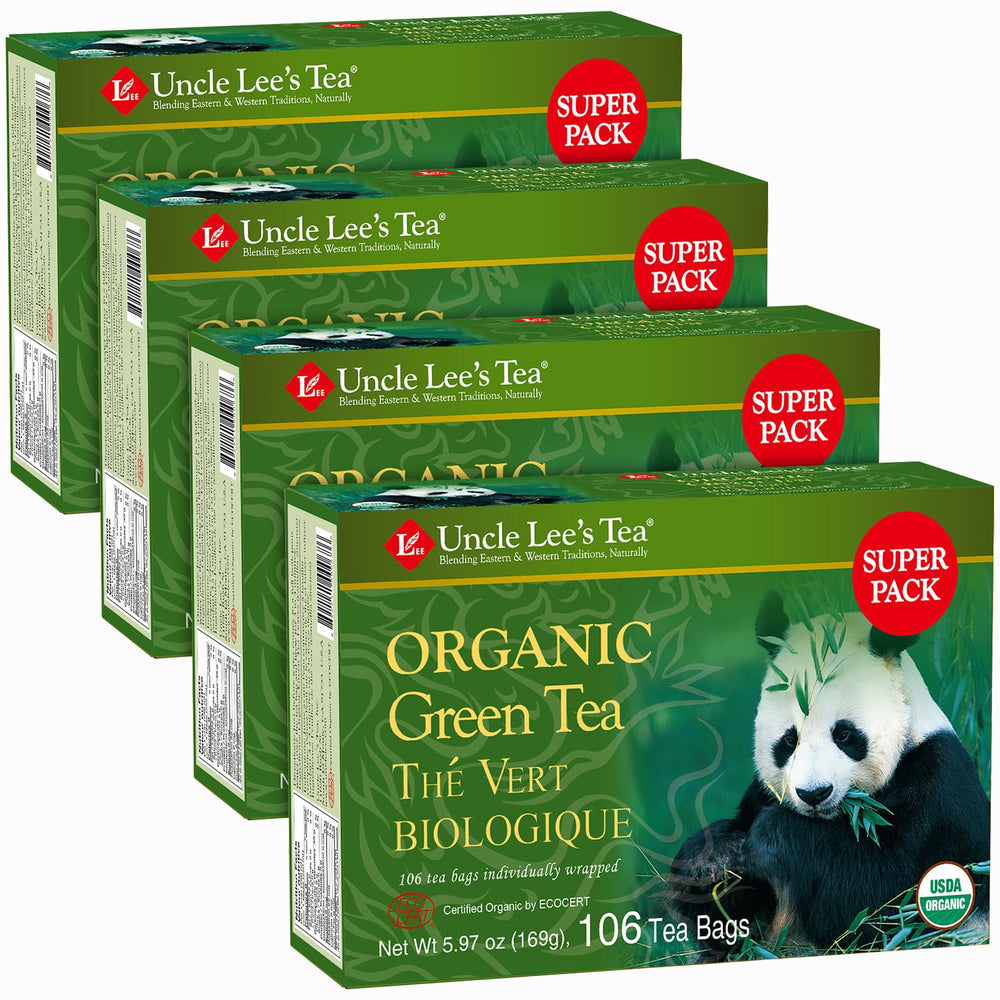 Uncle Lee's Tea front packaging showing 4-pack and 106-count convenience
