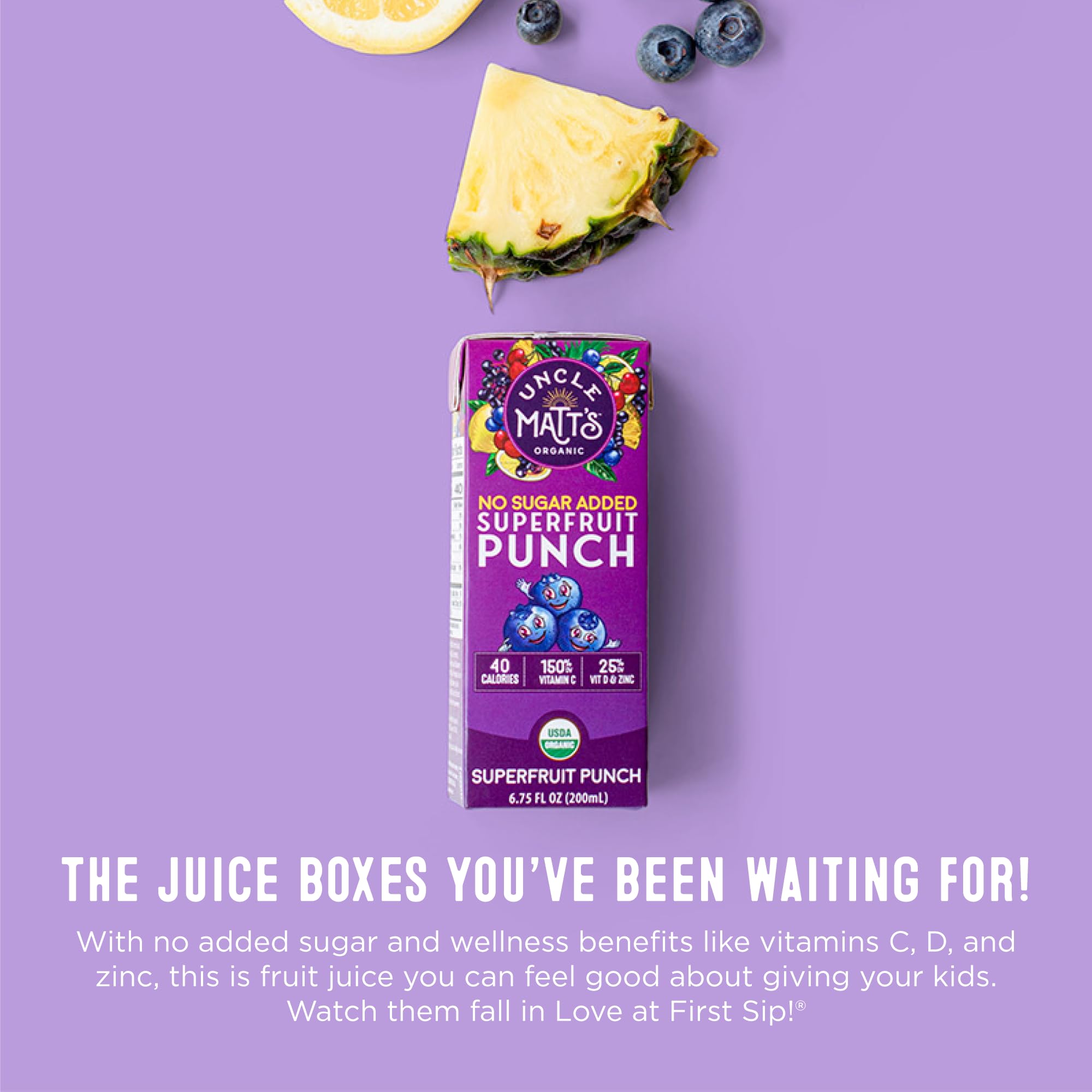 Uncle Matt's juice box placed inside a lunchbox demonstrating easy packing