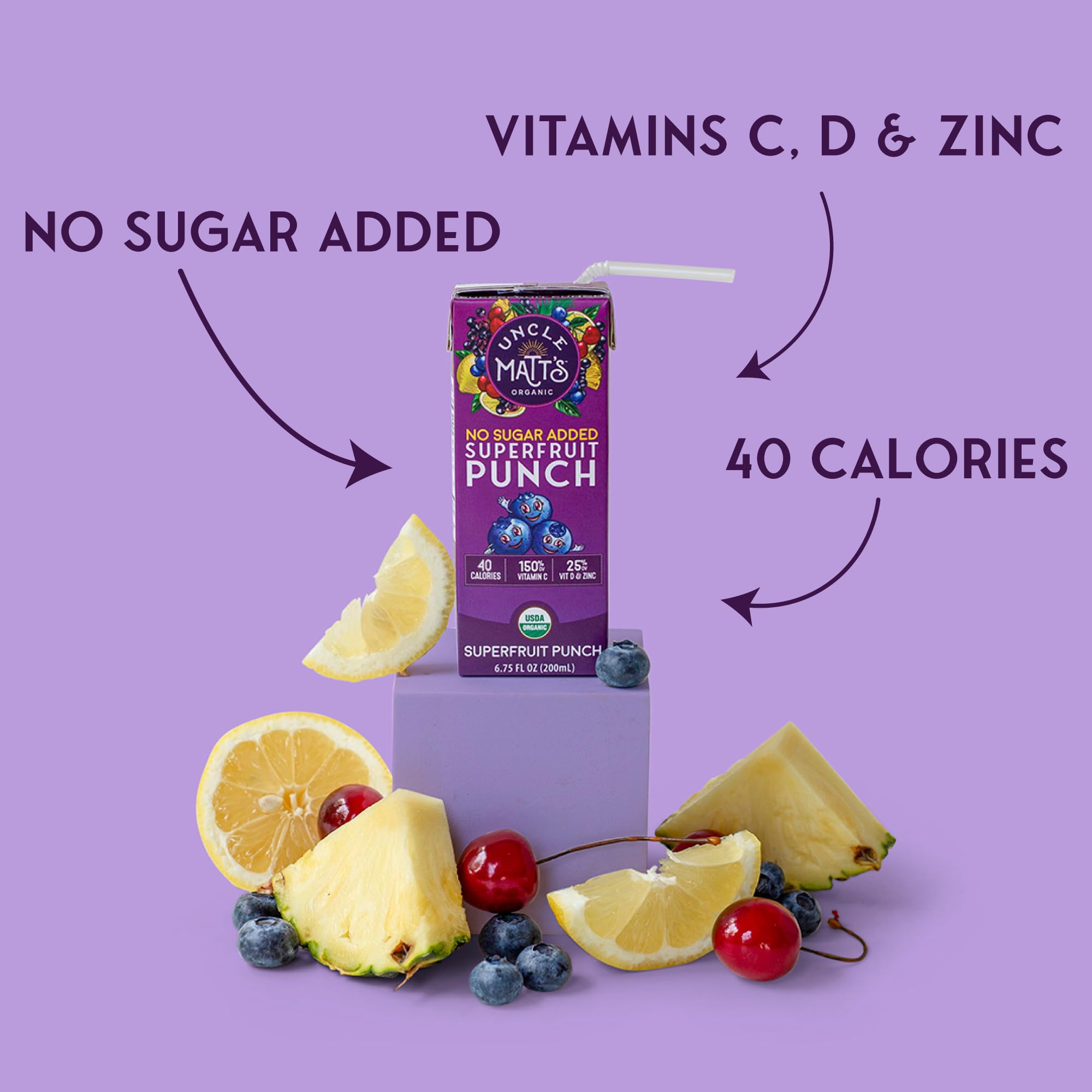 Uncle Matt's single juice box side view highlighting compact portable design