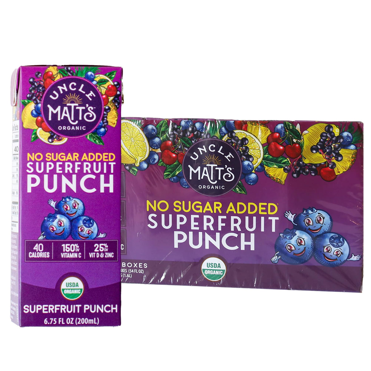 Uncle Matt's front packaging showing organic 32-pack and clean-label benefits