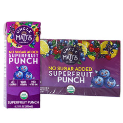 Uncle Matt's front packaging showing organic 32-pack and clean-label benefits