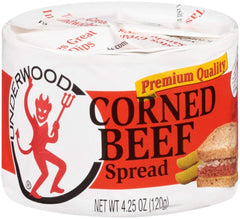 Underwood corned beef spread front tin showing label and convenient portable protein