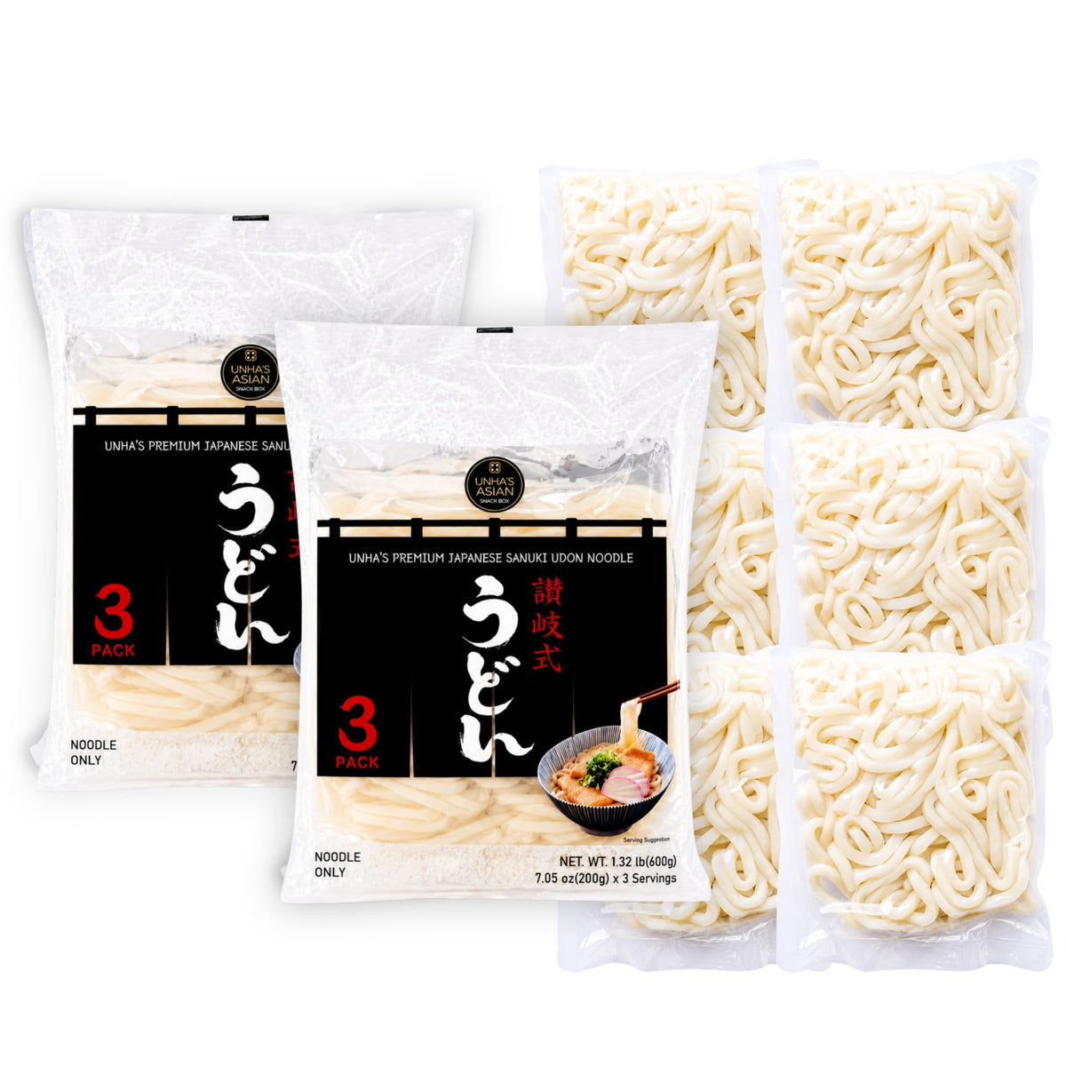 UNHA'S ASIAN SNACK BOX front packaging showing two-pack udon for easy meals