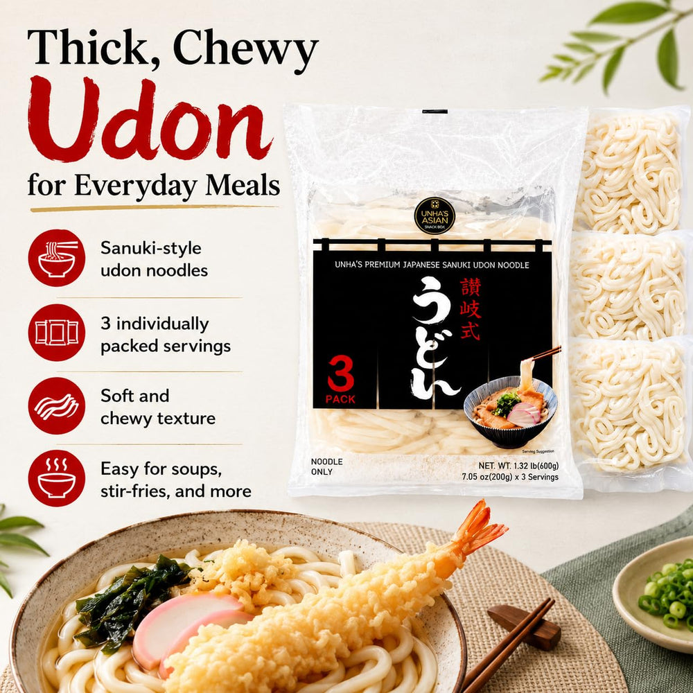 UNHA'S ASIAN SNACK BOX cooked udon bowl illustrating broth retention