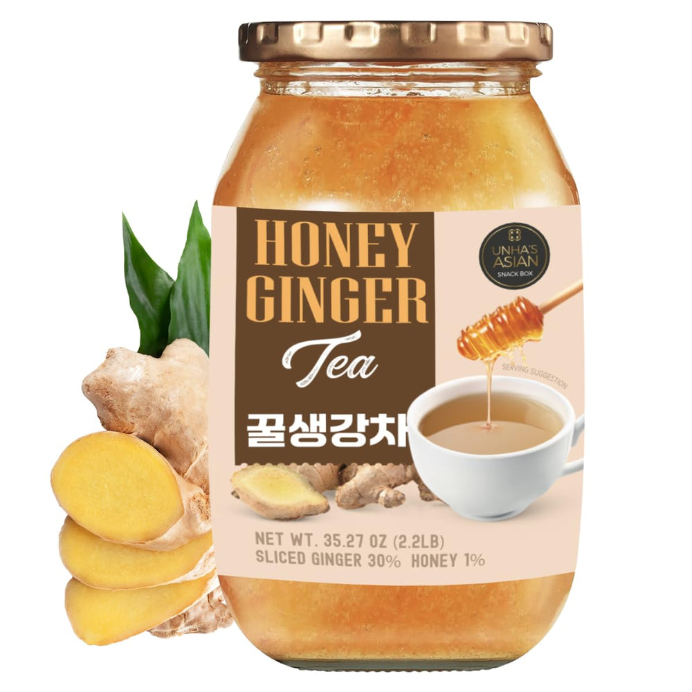 UNHA'S ASIAN SNACK BOX jar front showing honey ginger concentrate, convenient pantry staple
