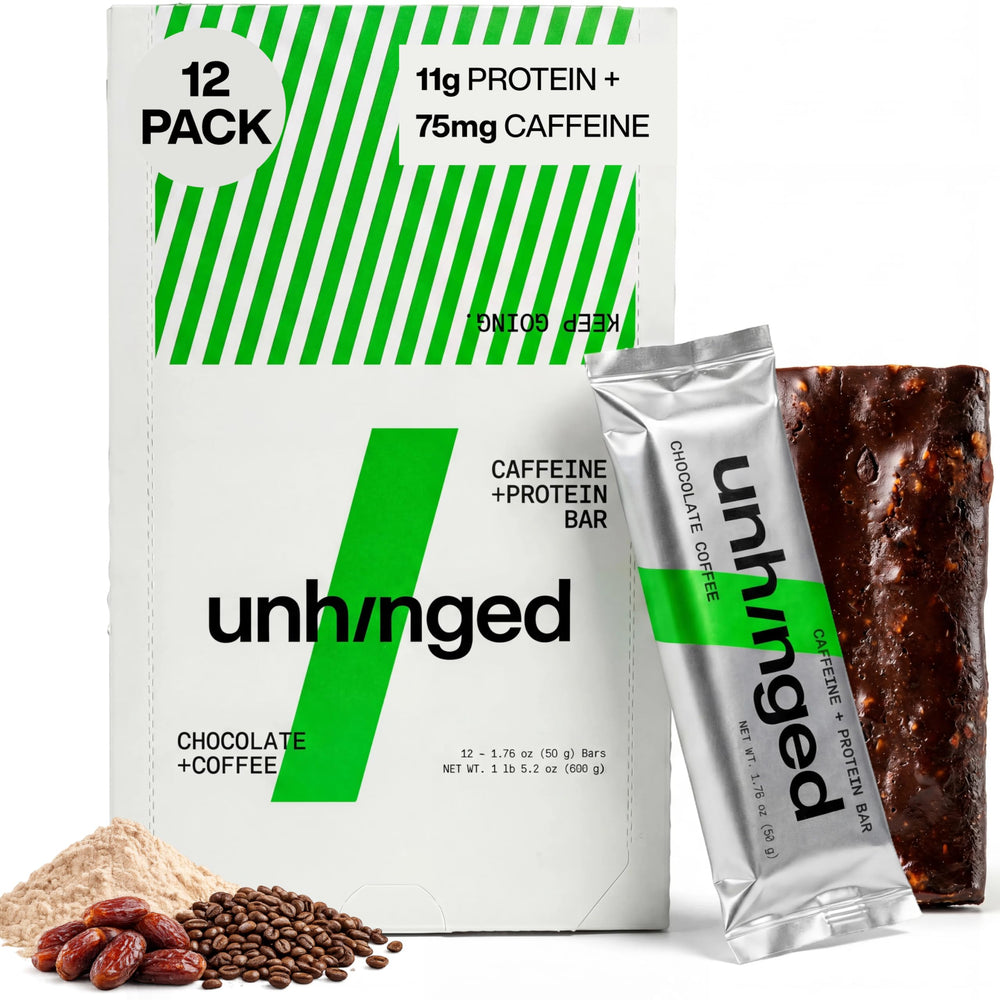 Unhinged front packaging showing chocolate coffee flavor and clean-ingredient benefits