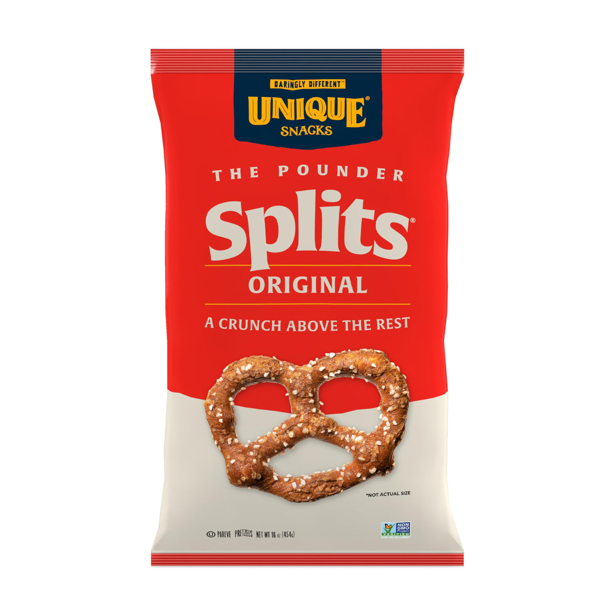 Unique pretzels front packaging showing brand and pack of 12 for easy grabbing