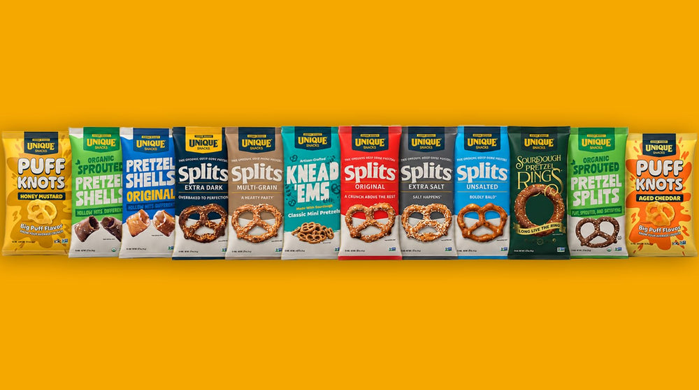 Unique pretzels next to measuring tape showing compact pack size
