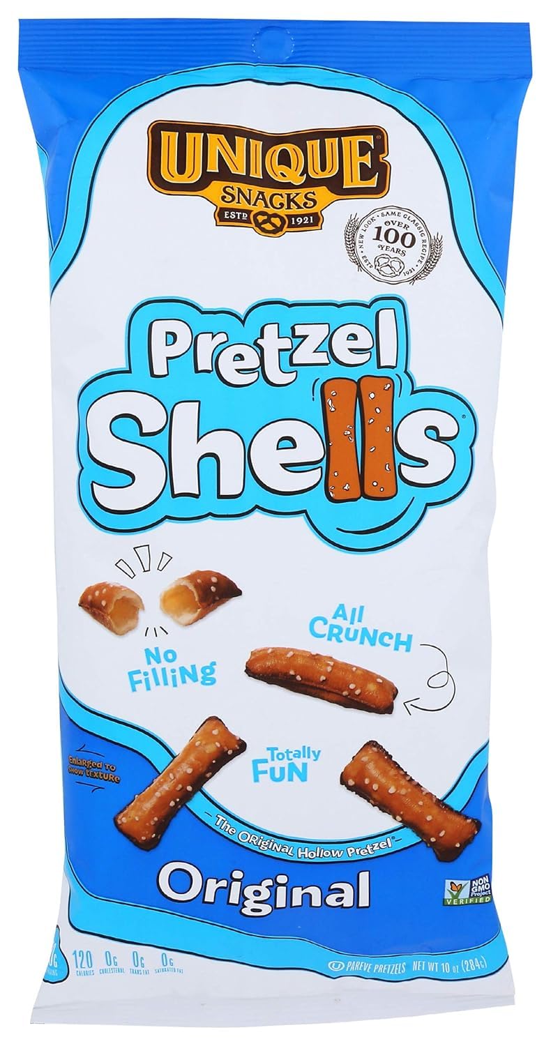 Unique brand pretzel shells front packaging showing crisp snack and shareable bag