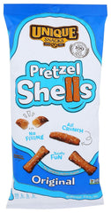 Unique brand pretzel shells front packaging showing crisp snack and shareable bag