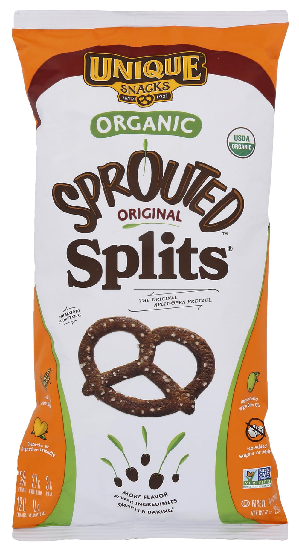 Unique pretzel splits front packaging showing organic label and 8 oz size benefit