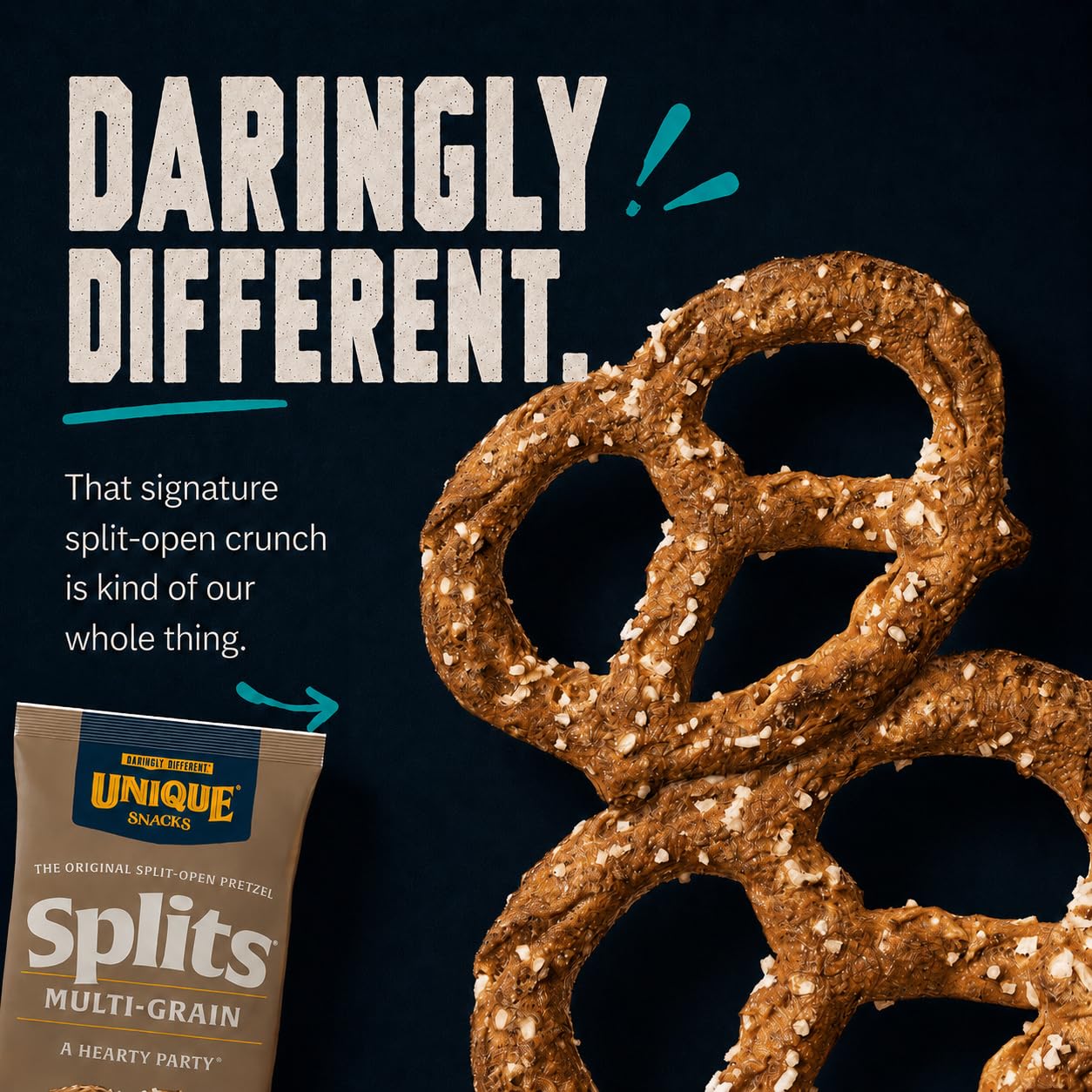 Unique Snacks close-up of split-open pretzel texture showing crispy bubbles and crunch