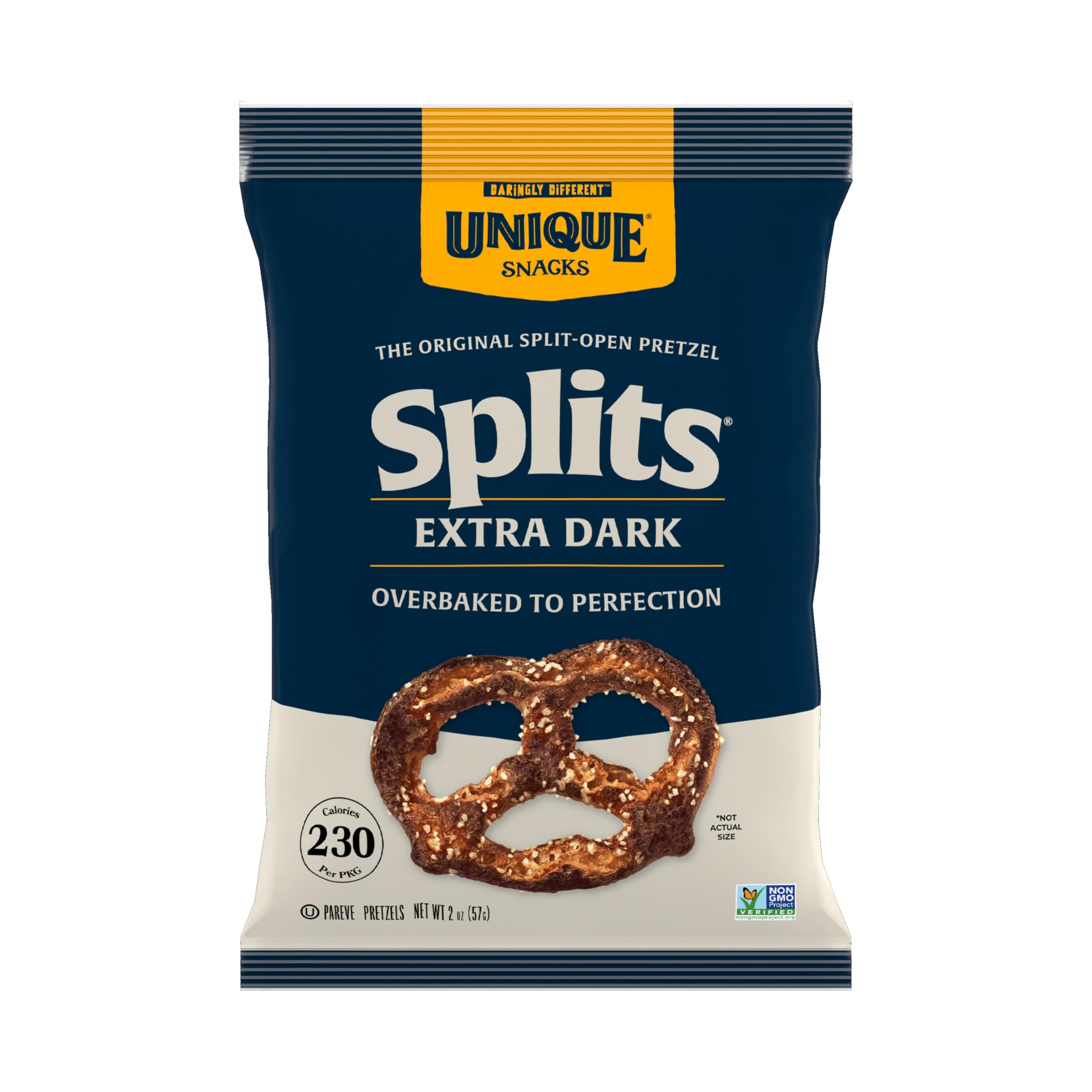 Unique Snacks front pack showing Extra Dark Splits and portable convenience