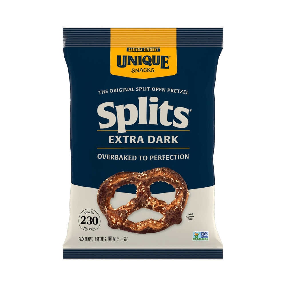 Unique Snacks front pack showing Extra Dark Splits and portable convenience