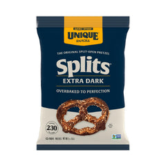 Unique Snacks front pack showing Extra Dark Splits and portable convenience