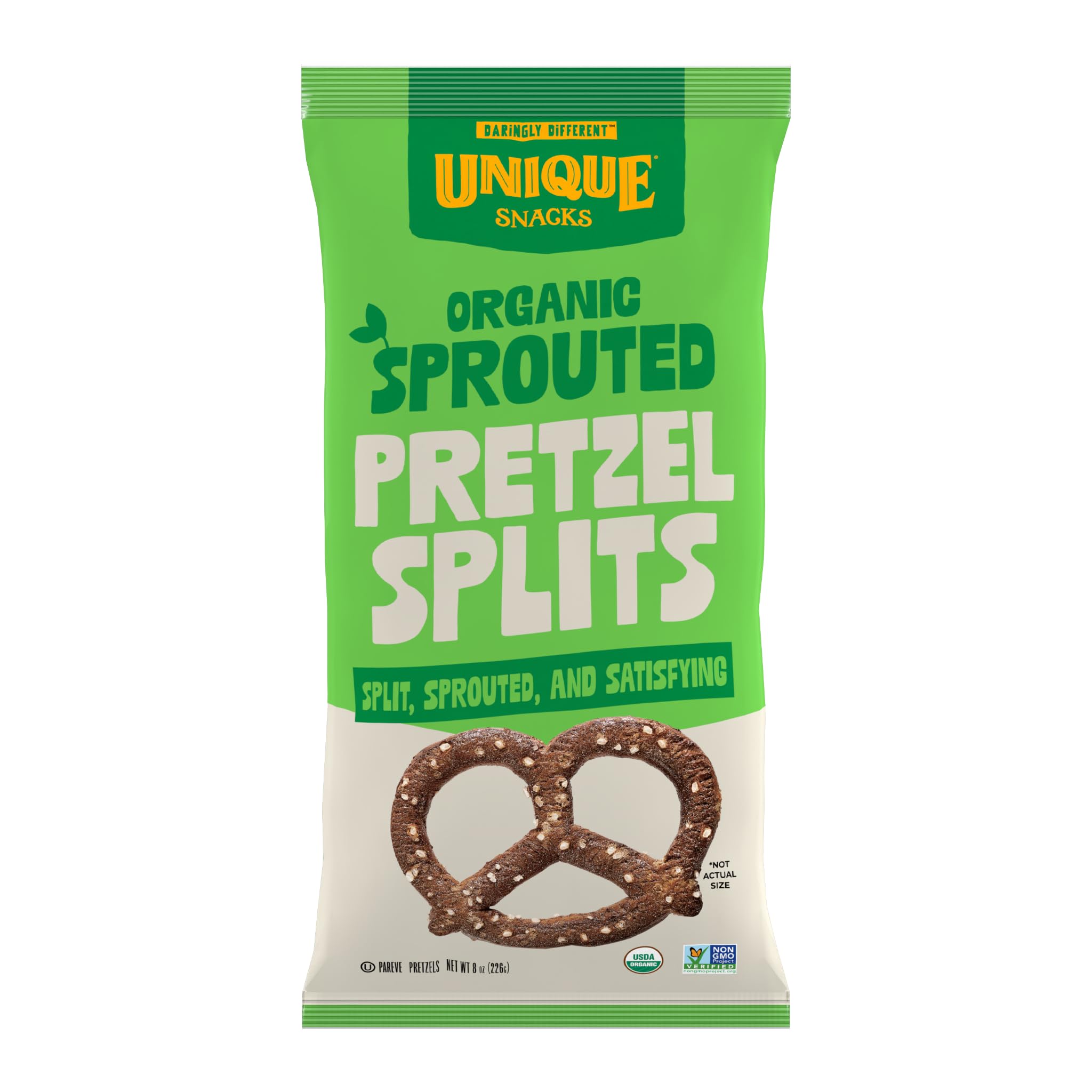 Unique Snacks front-of-bag showing product name and unsalted benefit