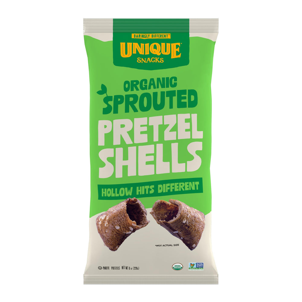 Unique Snacks front packaging showing 8 oz bag and pack branding for quick recognition and purchase