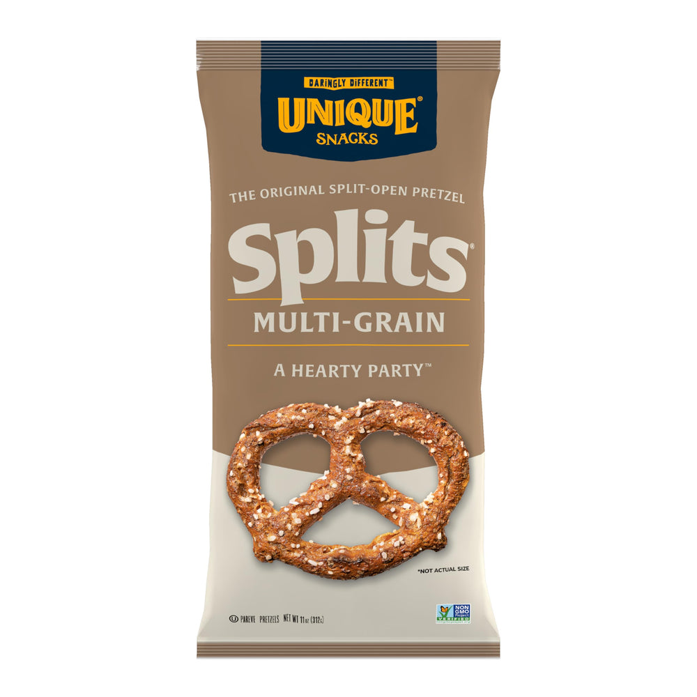 Unique Snacks front packaging showing 11 oz bag and multi-grain claim, highlights convenience