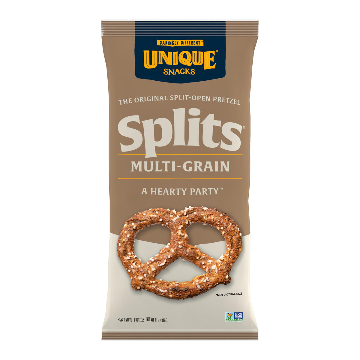 Unique Snacks front packaging showing 11 oz bag and multi-grain claim, highlights convenience
