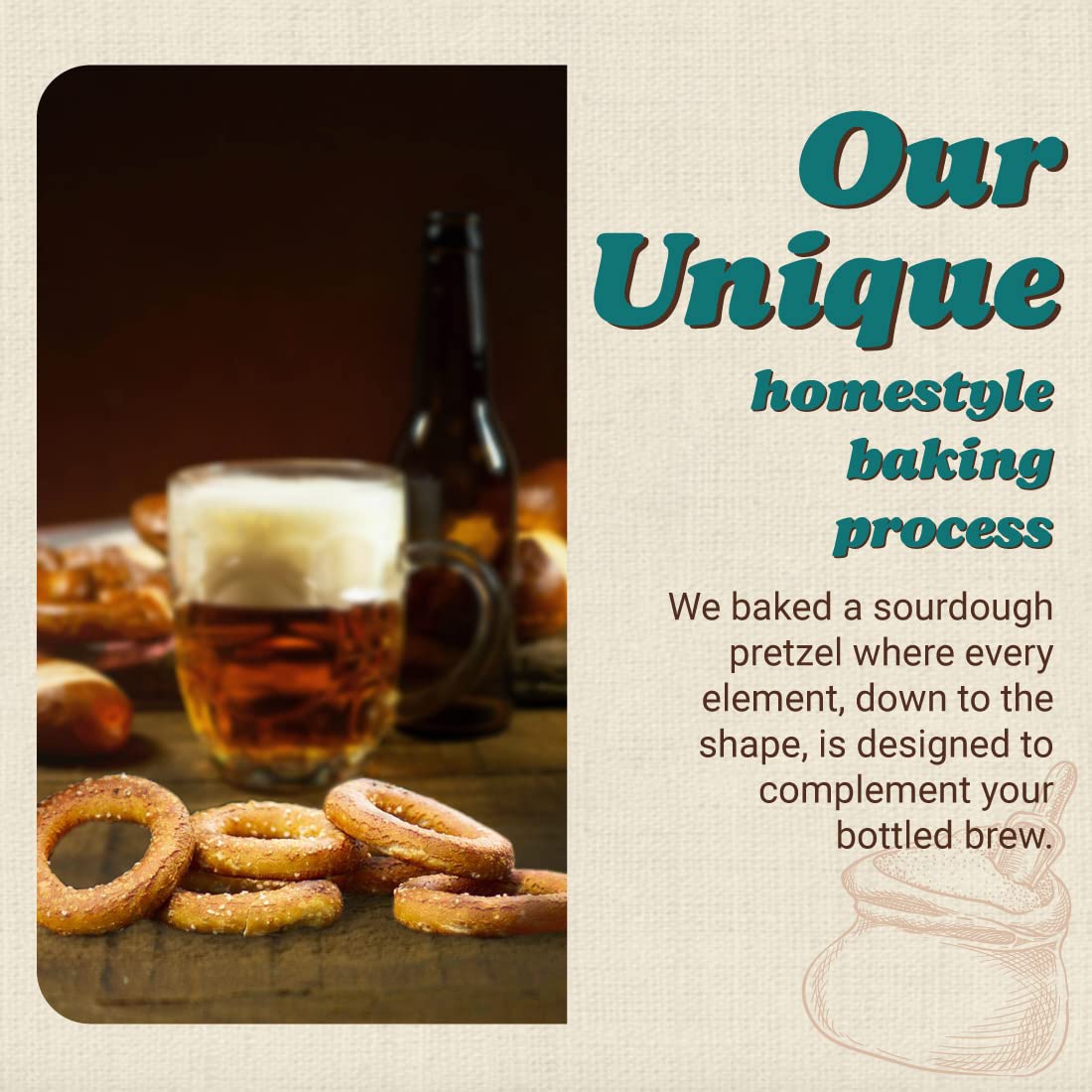 Unique Snacks pretzel ring next to a craft beer glass showing perfect pairing for flavor balance