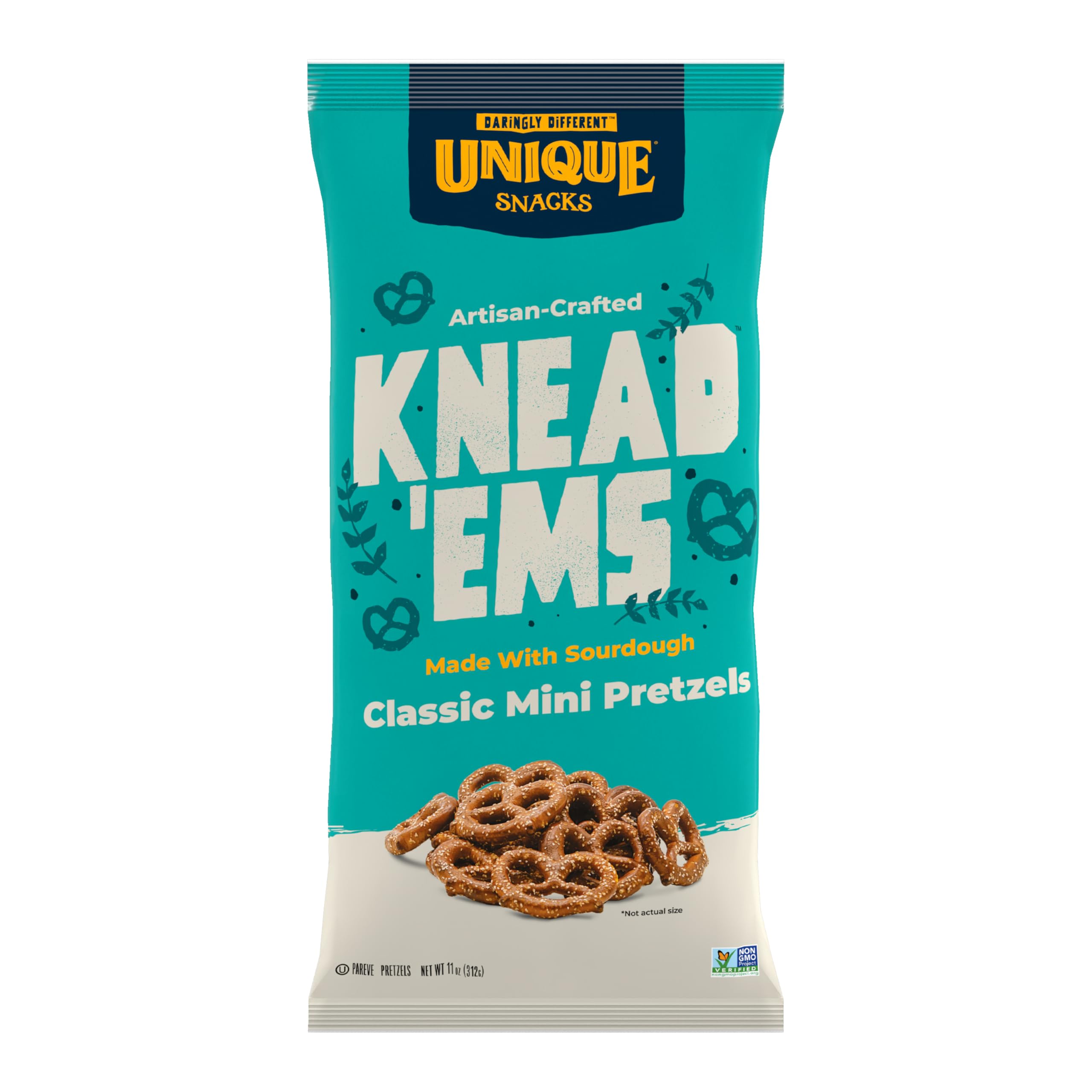 Unique Snacks Knead 'Ems front packaging showing 11 oz bag and brand logo for easy identification and appeal