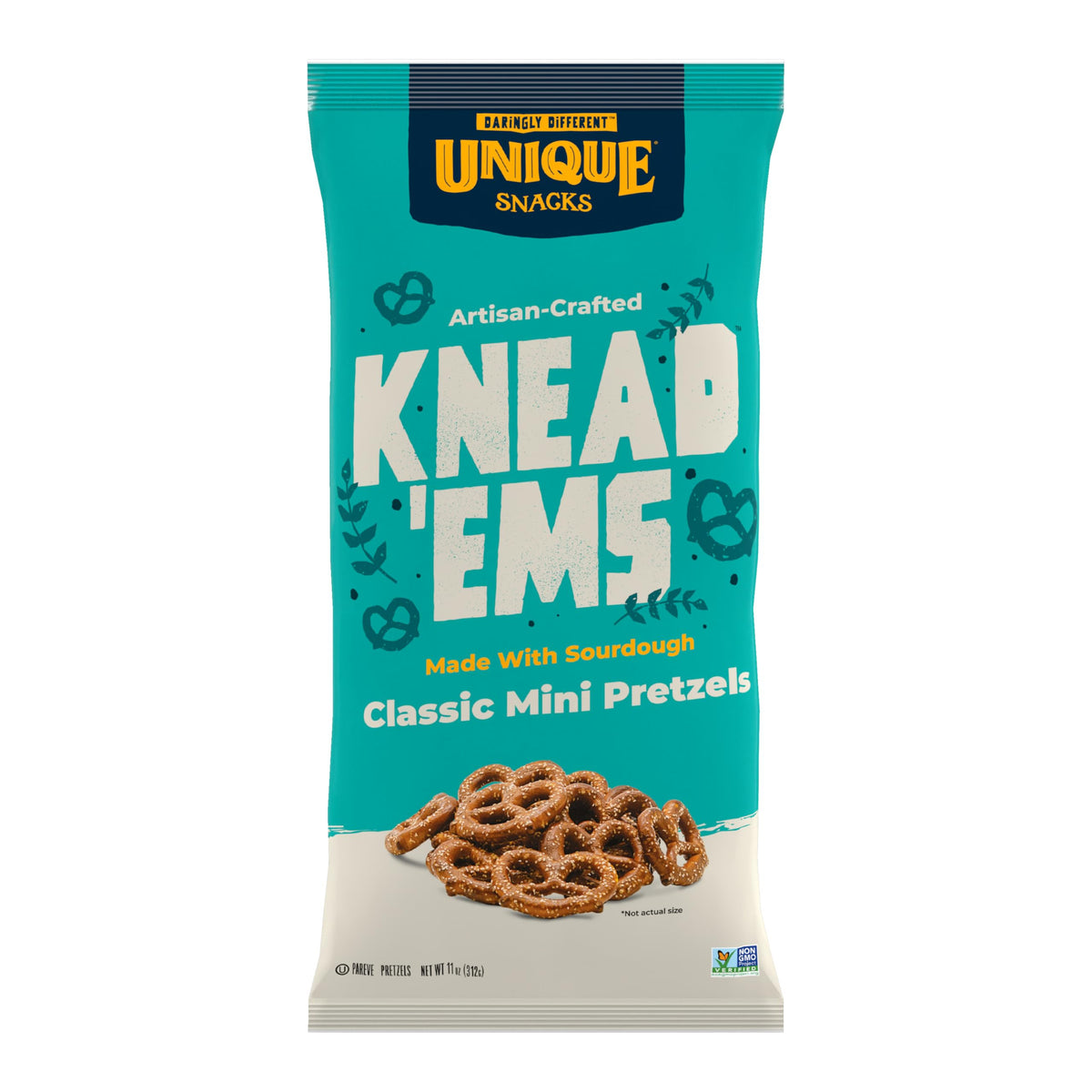 Unique Snacks Knead 'Ems front packaging showing 11 oz bag and brand logo for easy identification and appeal