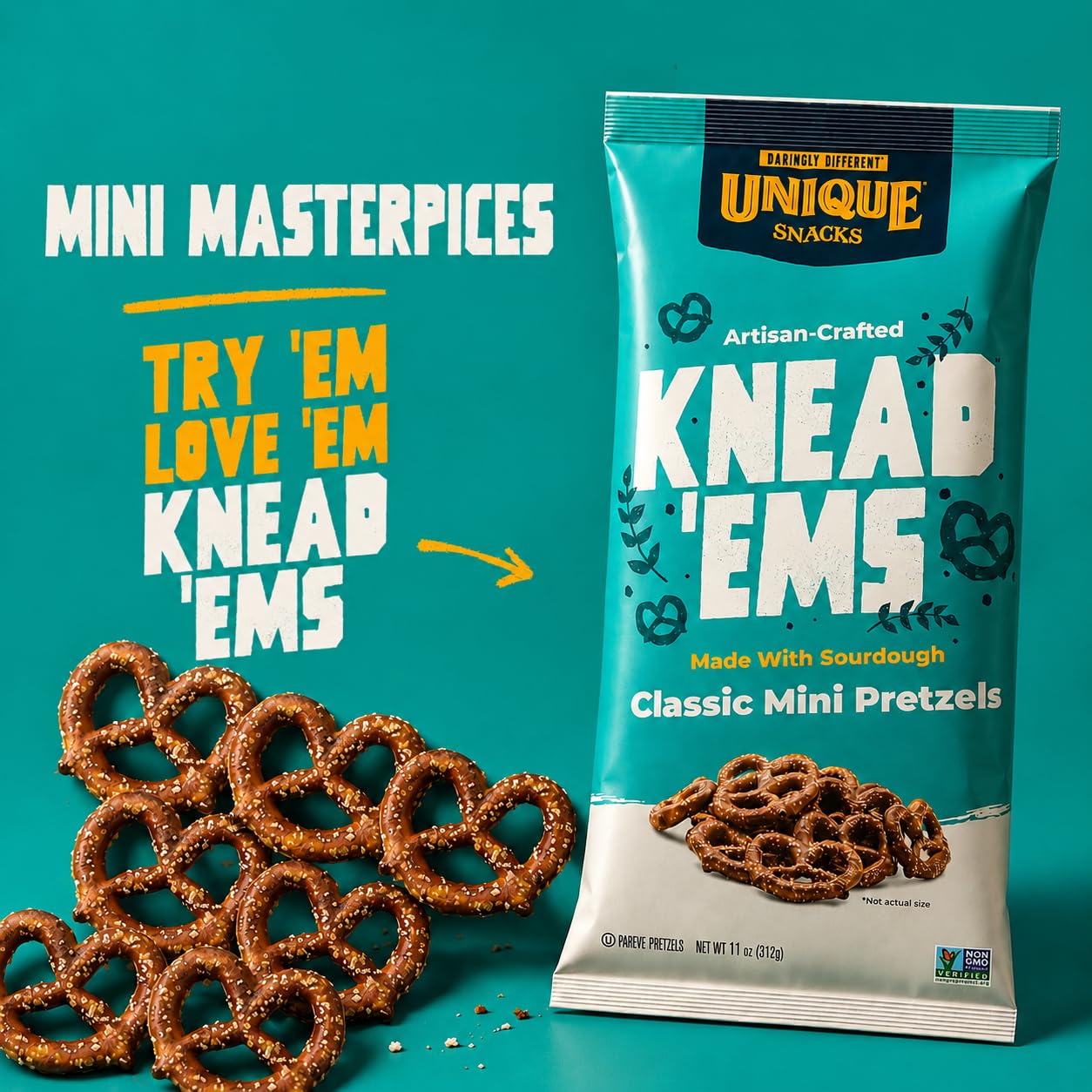 Unique Snacks Knead 'Ems served in a bowl beside dip demonstrating convenient party and snack pairing