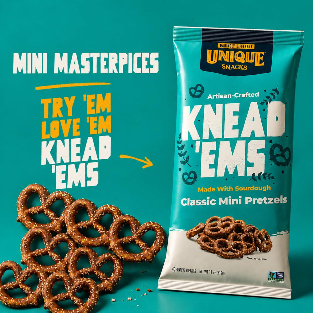 Unique Snacks Knead 'Ems served in a bowl beside dip demonstrating convenient party and snack pairing