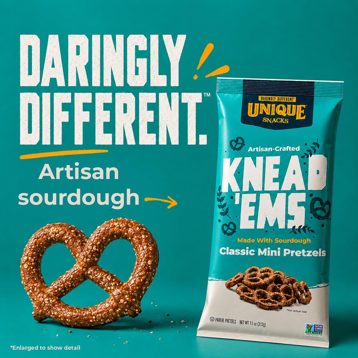 Unique Snacks Knead 'Ems in hand for size comparison showing bite-sized pretzels ideal for portable snacking