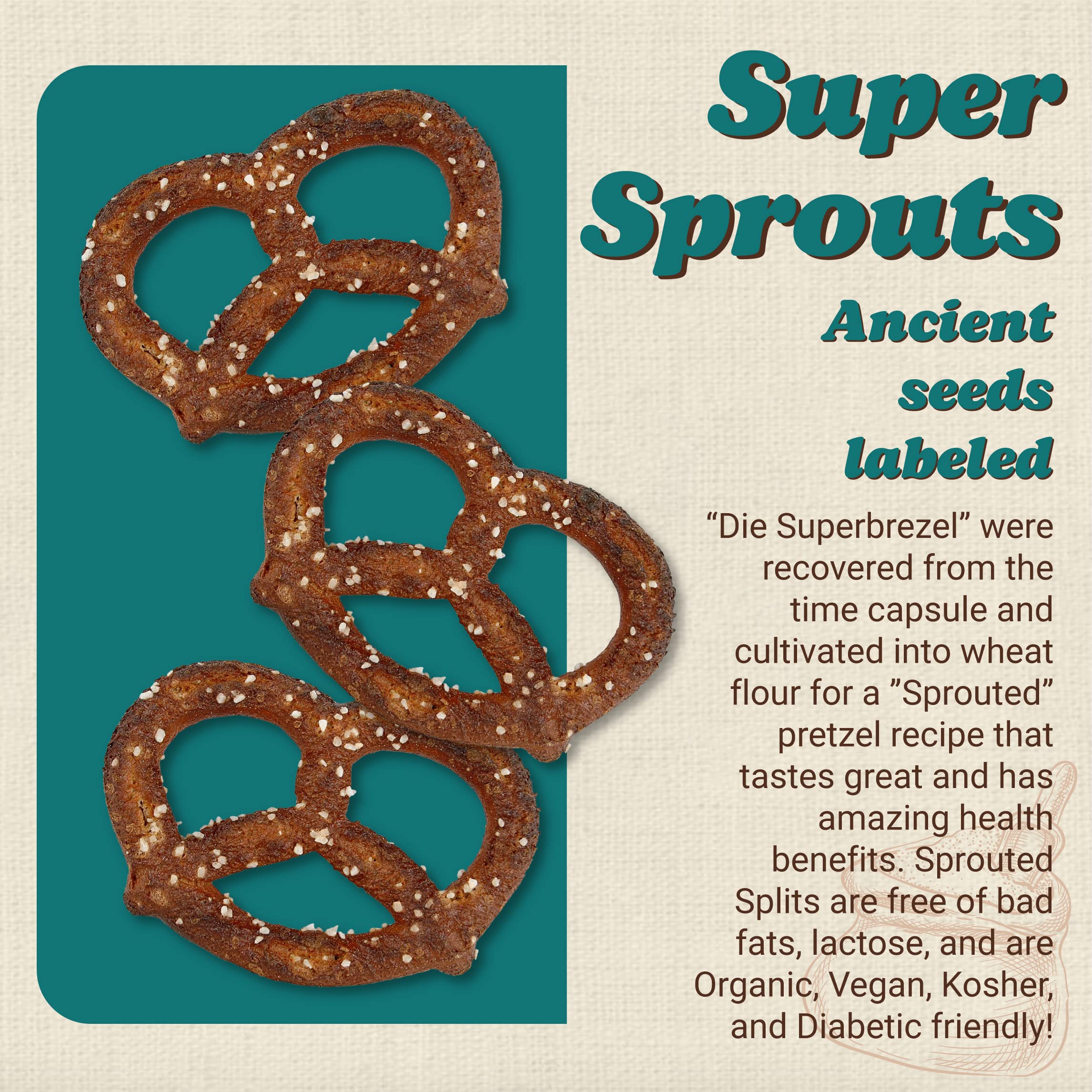 Unique Snacks pretzel in a hand showing 8 oz bag size and portion control