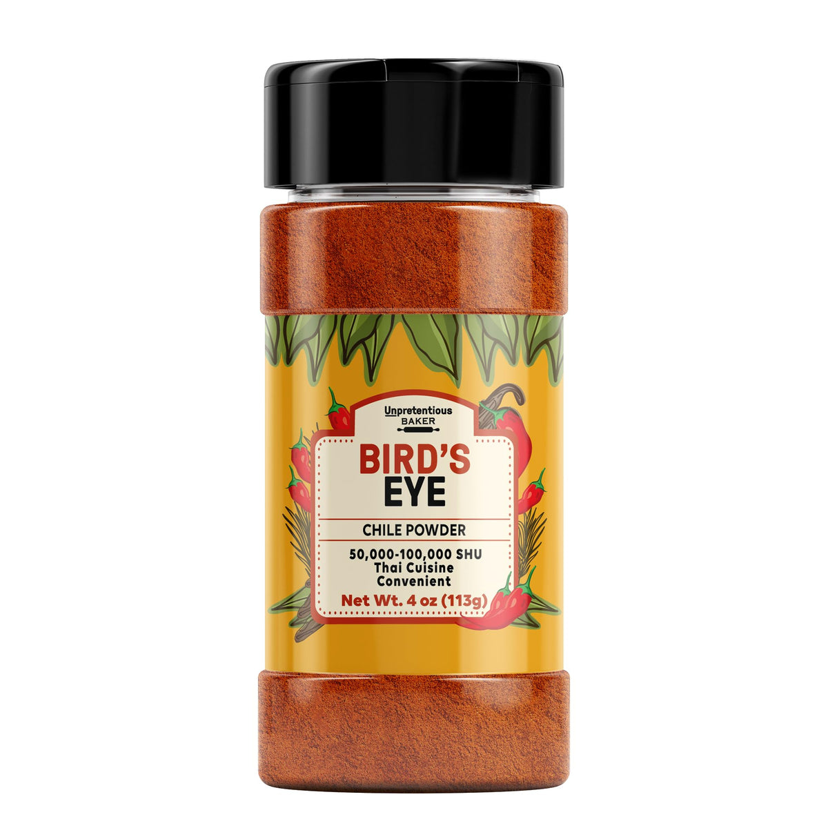 Unpretentious Bird's Eye powder front jar showing label and size for easy identification