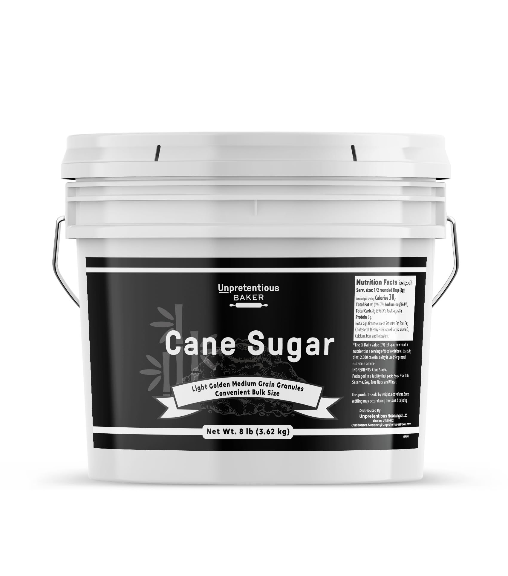 Unpretentious branded front packaging showing 8 lb bag and clear label benefits