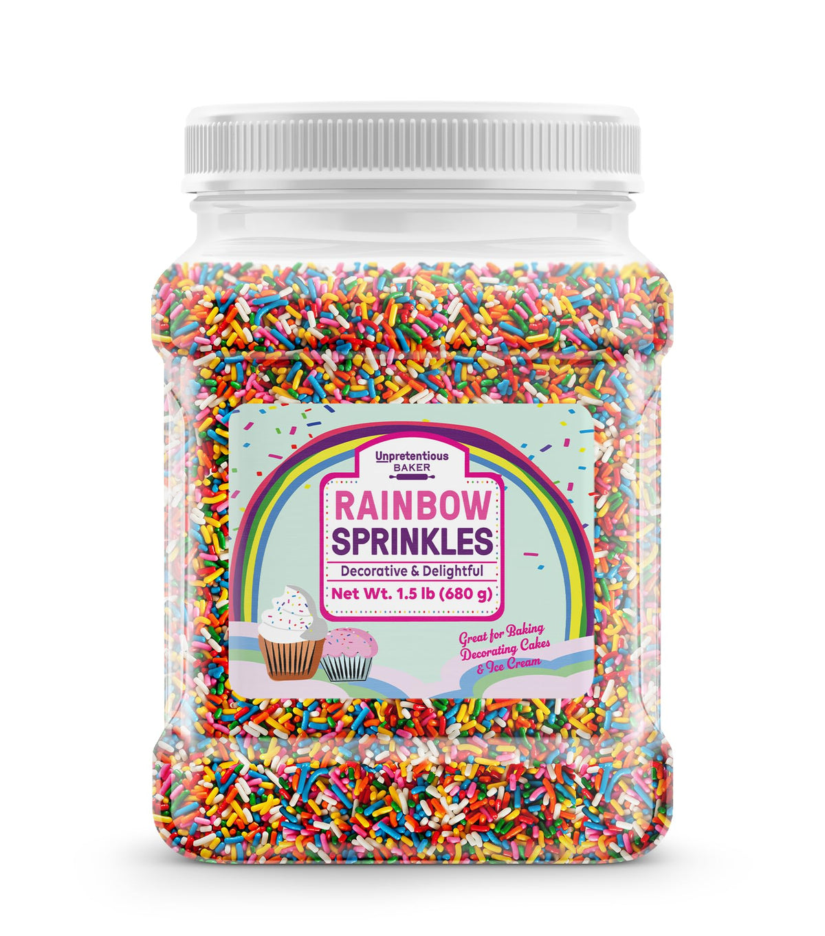 Unpretentious front packaging showing the reusable container and colorful sprinkles for quick decorating