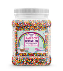 Unpretentious front packaging showing the reusable container and colorful sprinkles for quick decorating