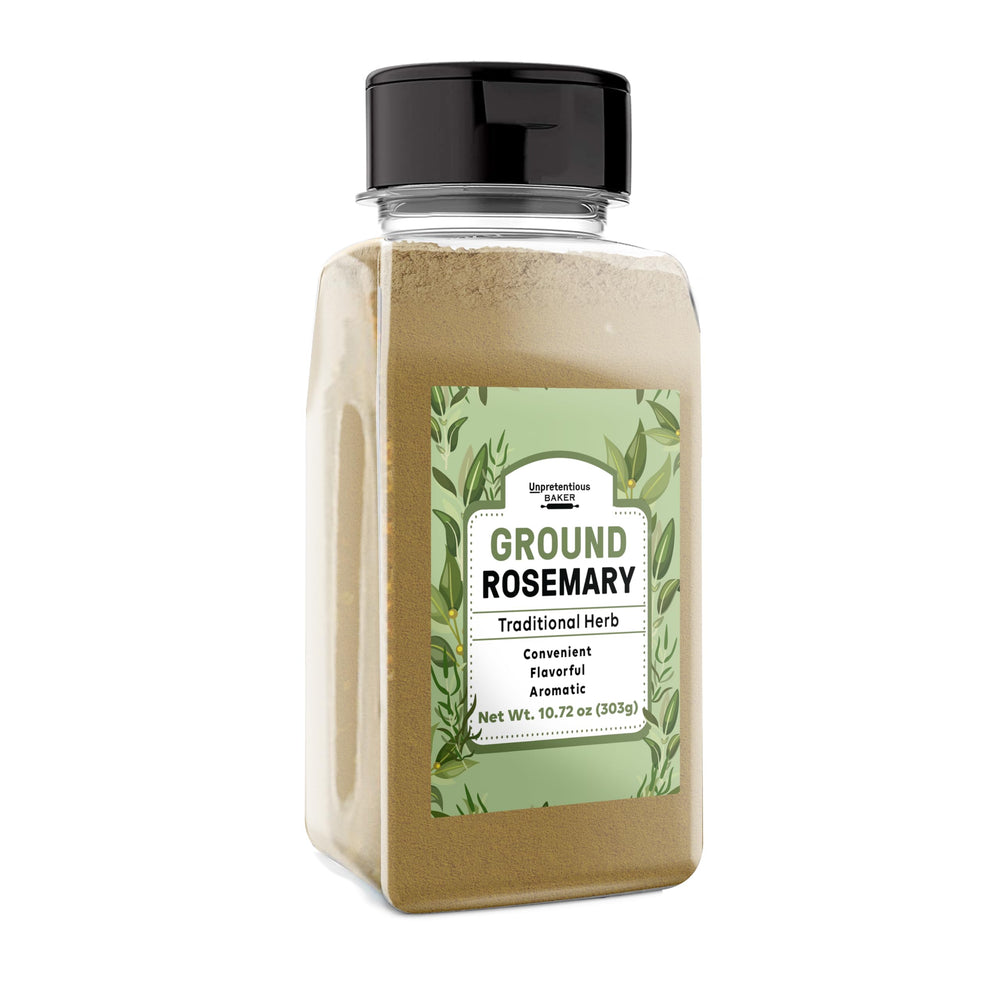 Unpretentious ground rosemary front jar showing label and easy-pour shaker for quick seasoning