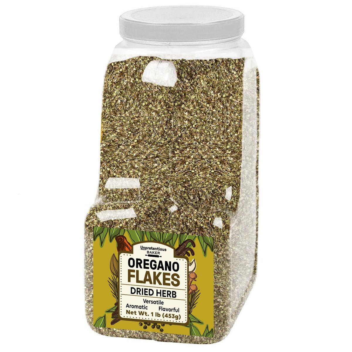 Unpretentious front packaging showing 1 lb bulk oregano flakes for pantry convenience