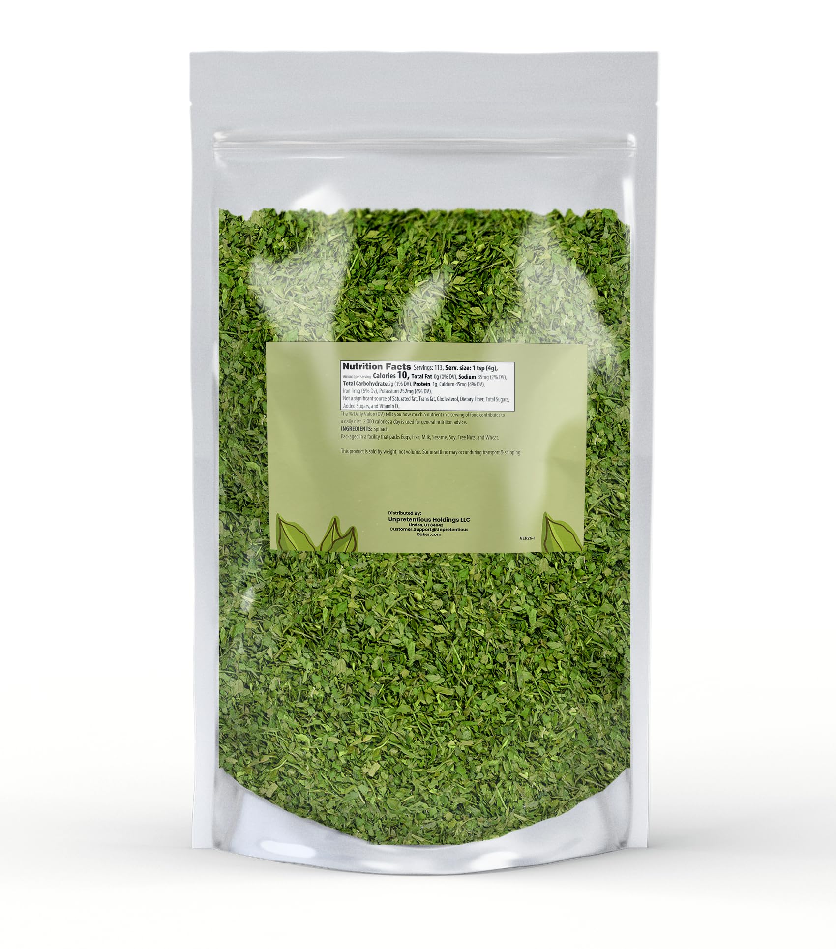 Unpretentious close-up of dried spinach flakes texture for easy measuring
