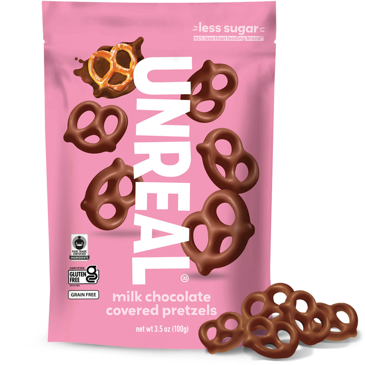 UNREAL front packaging showing 3.5 oz resealable bag and lower sugar benefit